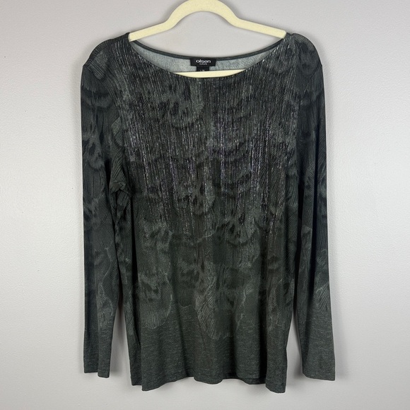 Olsen Europe Elegant Gray Patterned Shimmer Detail Long Sleeve Large Blouse - Picture 2 of 10